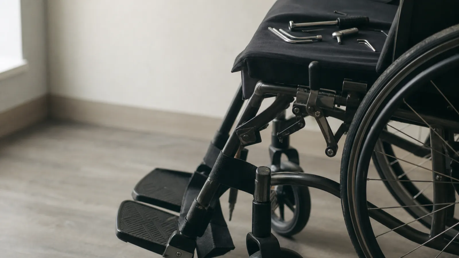 Wheelchair being adjusted in a clinic, equipment prescription risk in occupational therapist PI