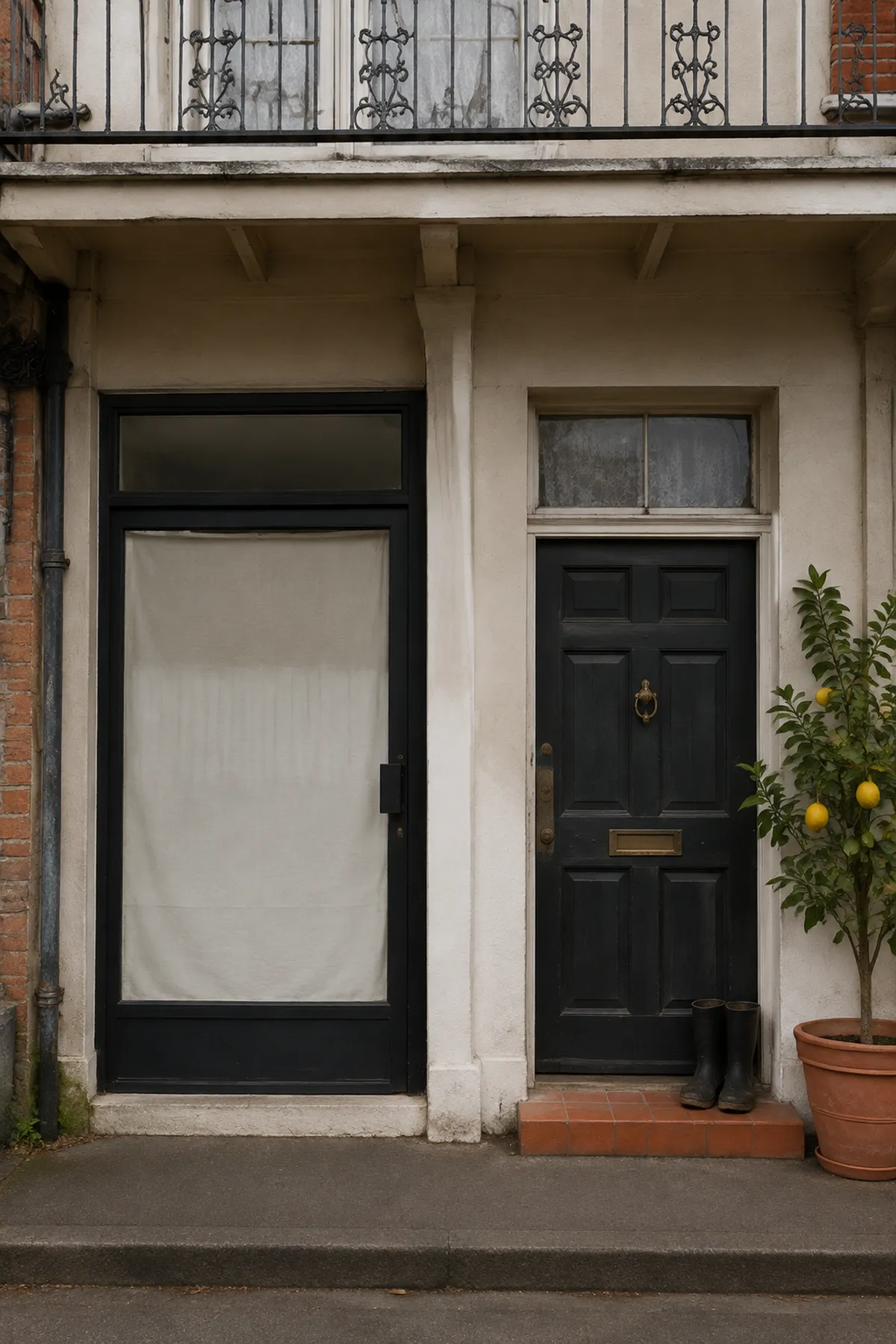 Separate shop and residential doors with gumboots and a potted lemon tree beneath an upstairs balcony