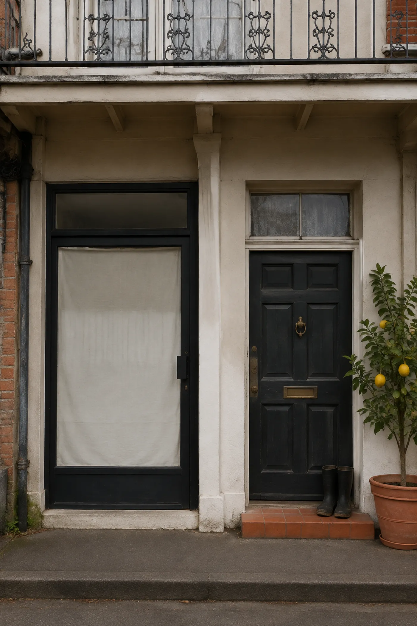 Separate shop and residential doors with gumboots and a potted lemon tree beneath an upstairs balcony
