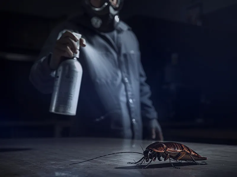 Pest control technician in protective suit spraying cockroach with chemical treatment demonstrating public liability risk