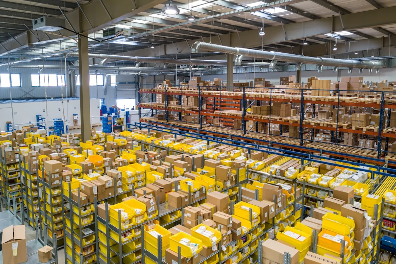 Interior of warehouse with racking systems and logistics operations