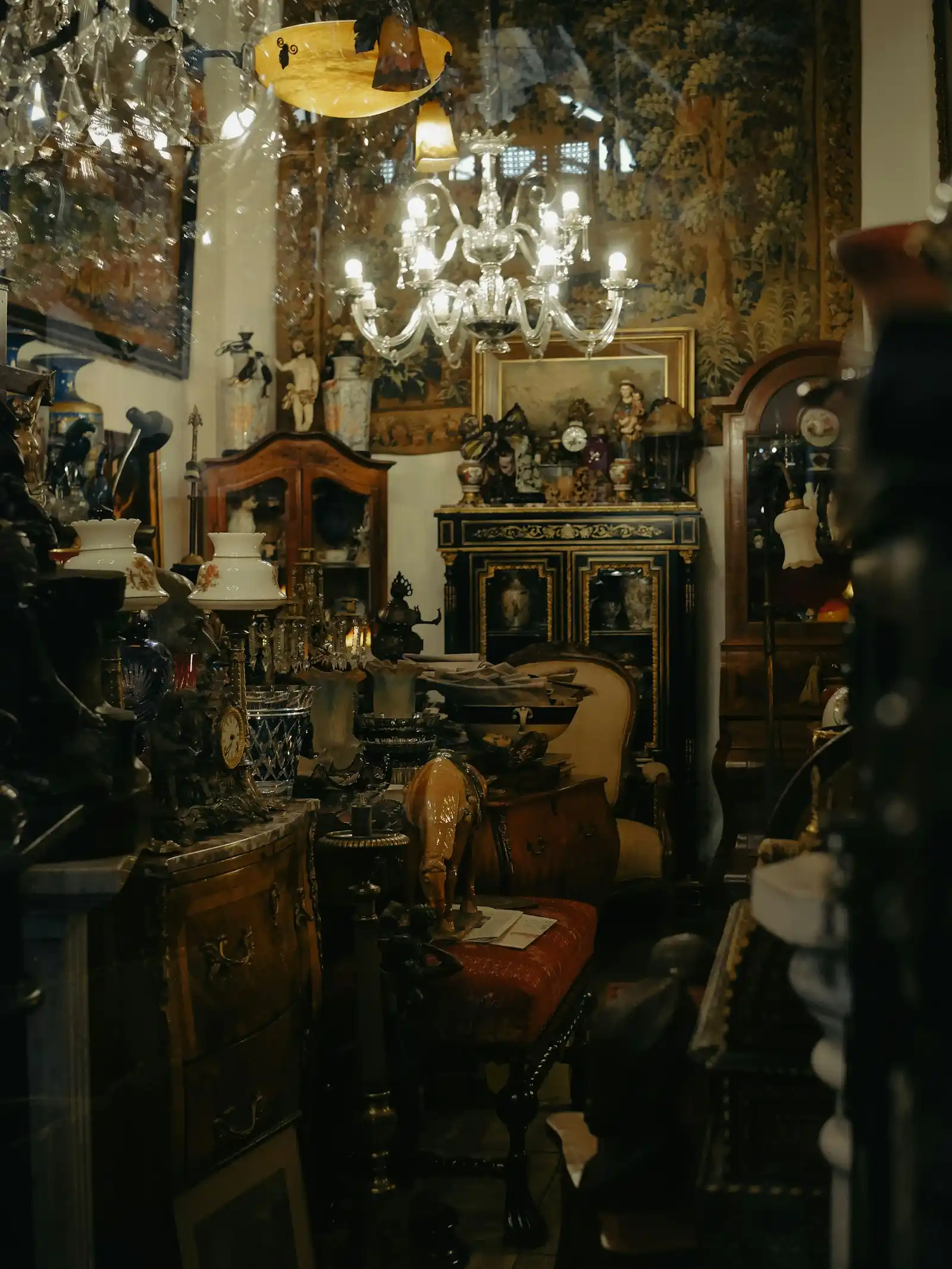 Antique shop filled with eclectic furniture and vintage collectibles