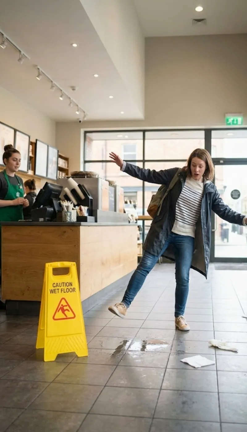 Customer slipping on wet floor in a café despite caution wet floor sign illustrating public liability risk
