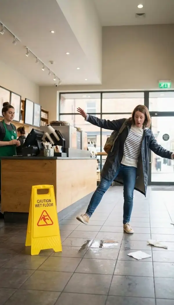 Customer slipping on wet floor in a café despite caution wet floor sign illustrating public liability risk
