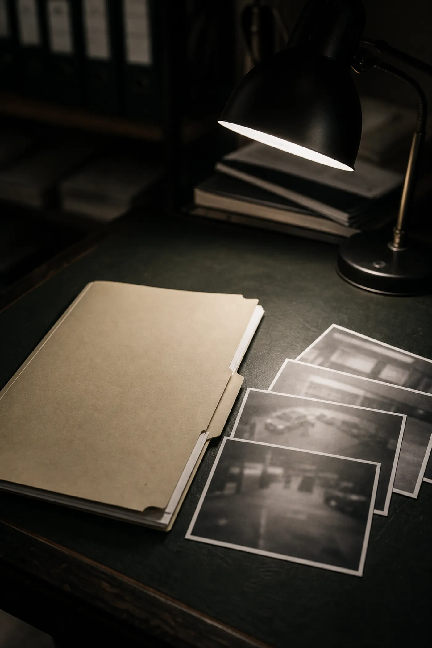 Case file and surveillance photographs on a desk, reporting work behind private investigator PI cover