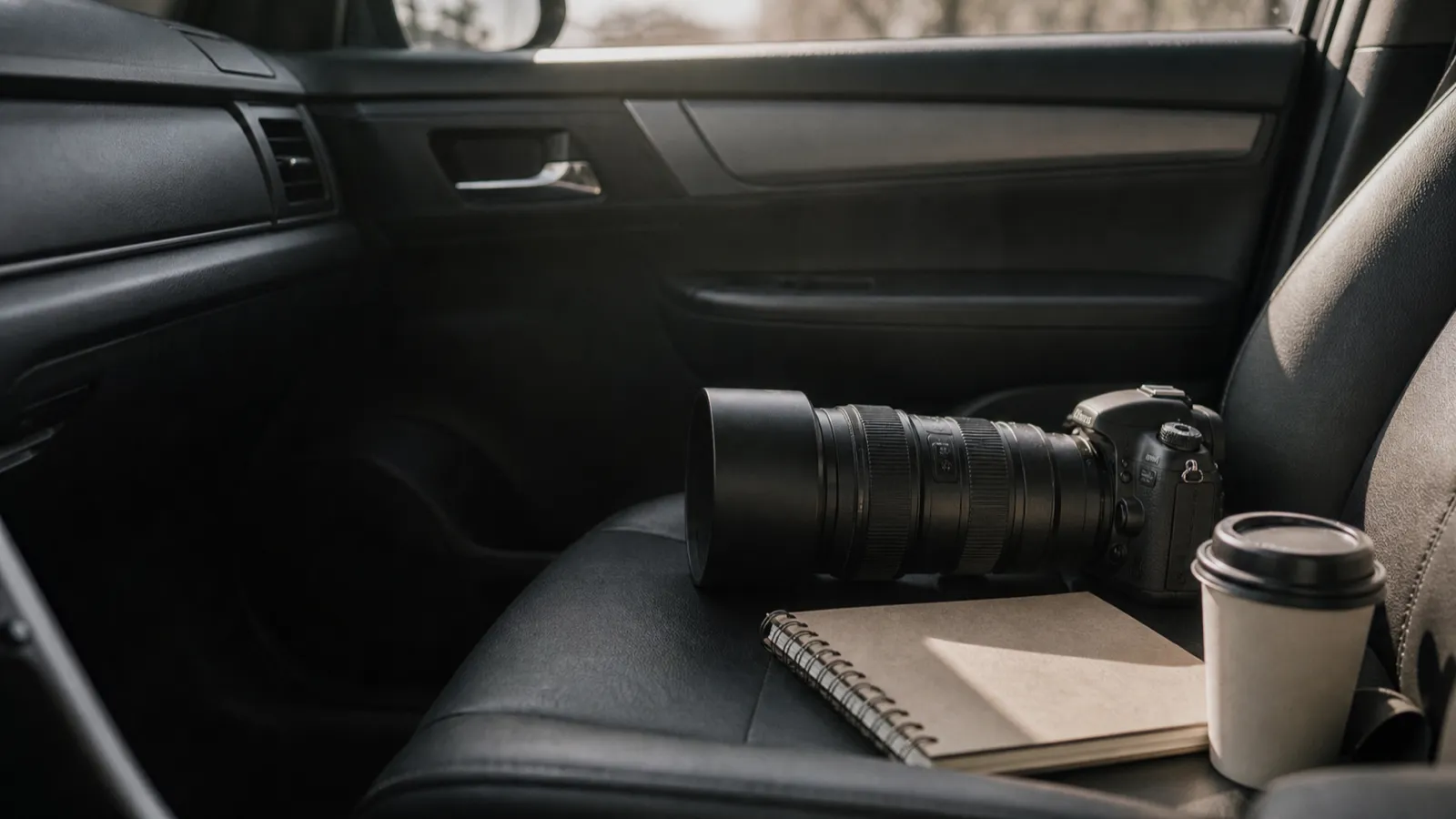 Telephoto camera and notebook on a car seat, evidence gathering behind private investigator PI
