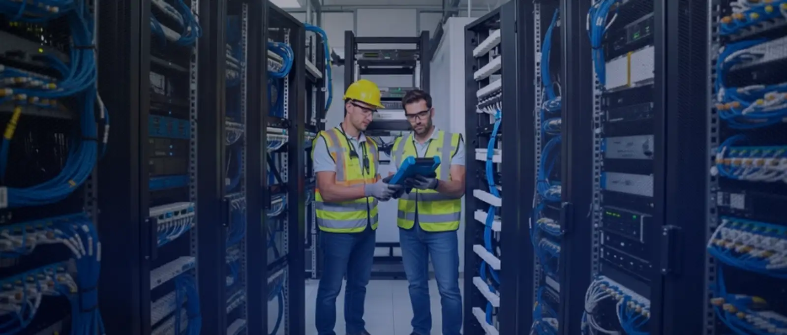 Data centre technicians in high-vis vests reviewing server infrastructure for electrical contractor public liability insurance