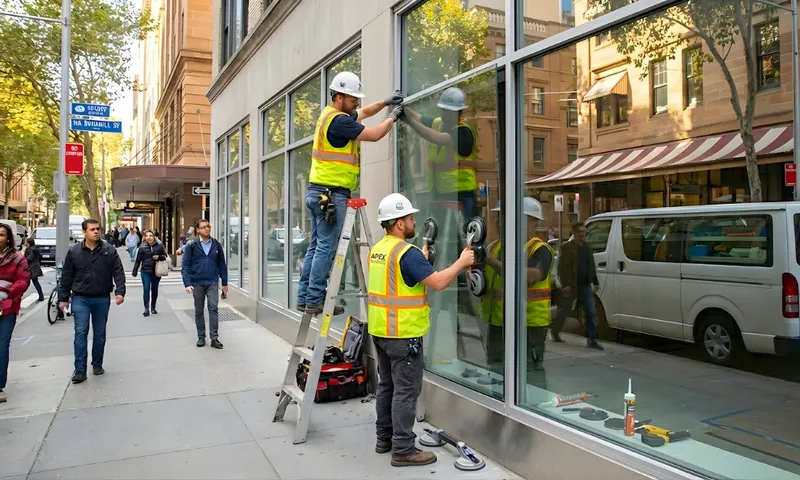 Professional glaziers installing replacement shopfront glass window on a busy city street