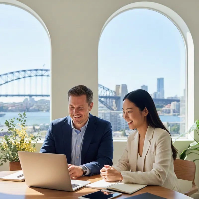 Professional insurance brokers discussing professional indemnity coverage with a client in a bright Sydney office overlooking the Harbour Bridge.