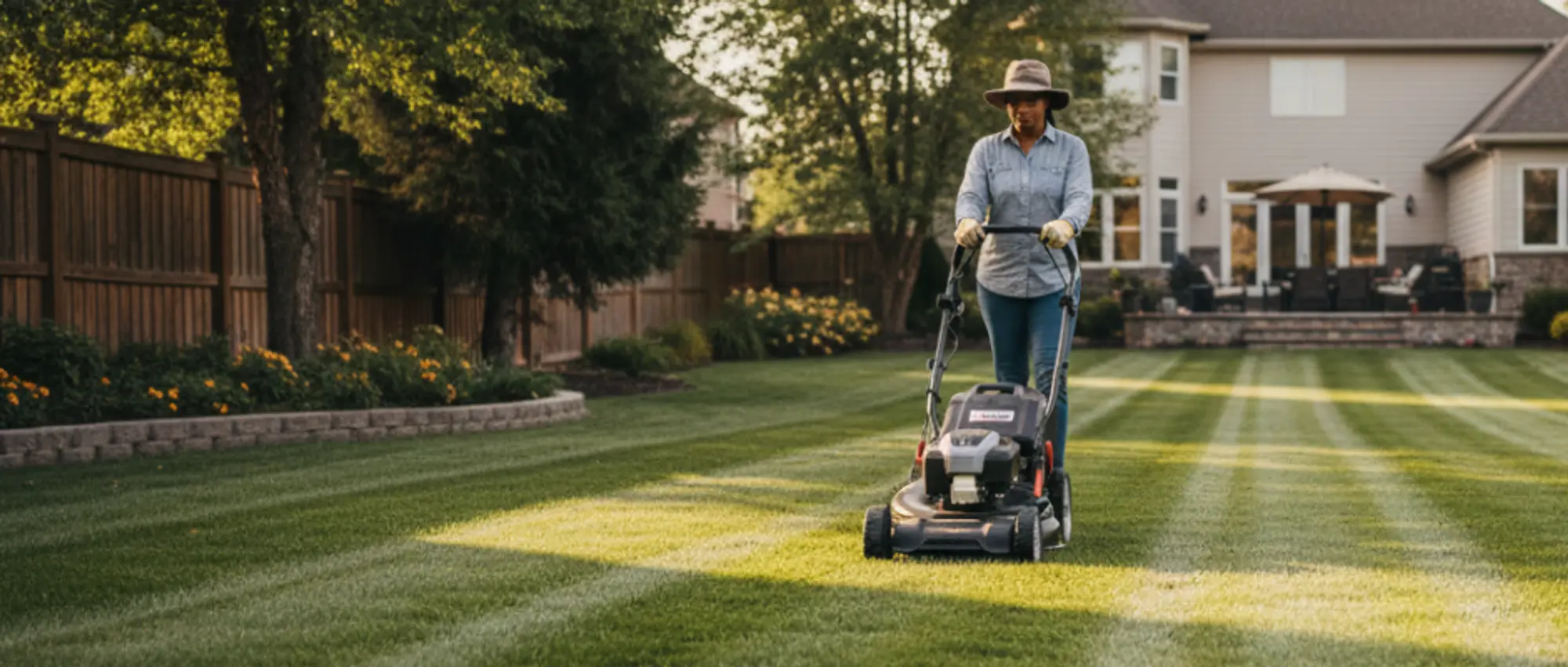 Professional lawn care operator mowing large residential property - personal accident and income protection insurance for lawn mowing contractors