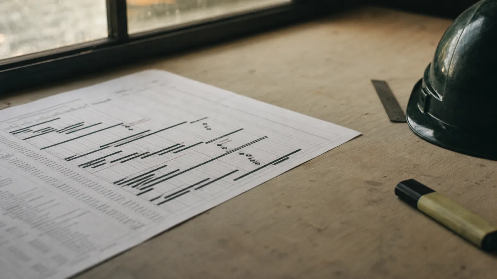 Printed construction programme in a site office, scheduling decisions behind project manager PI claims