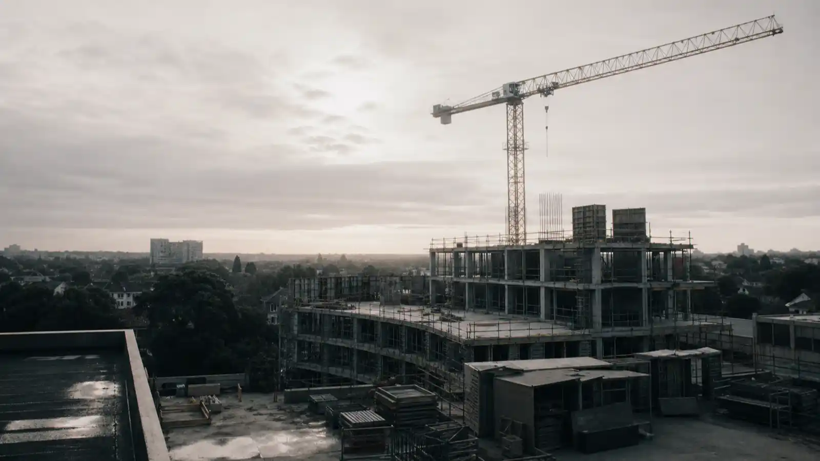Construction site with tower crane at dawn, delivery risk project manager PI insurance covers