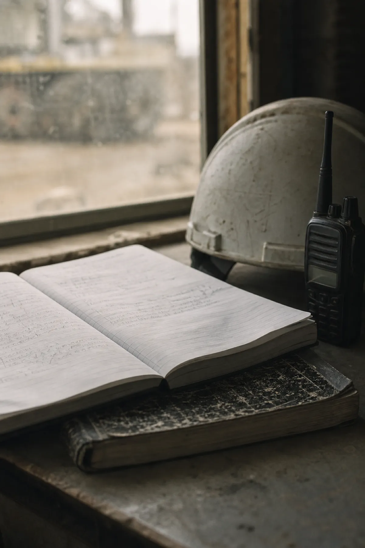 Site diary and hard hat on a site-office desk, records that defend project manager PI claims