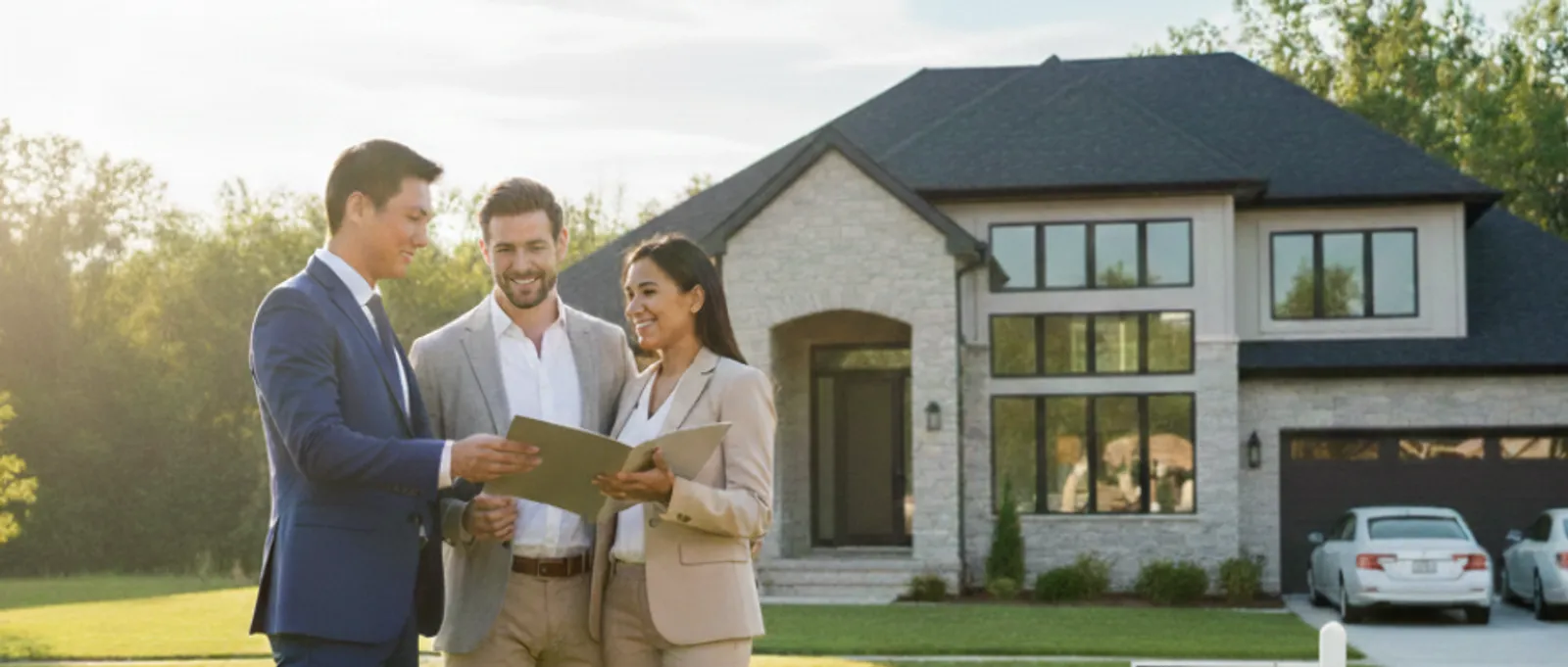 Professional real estate agent in a suit presenting property documents to a couple in front of a modern luxury house.