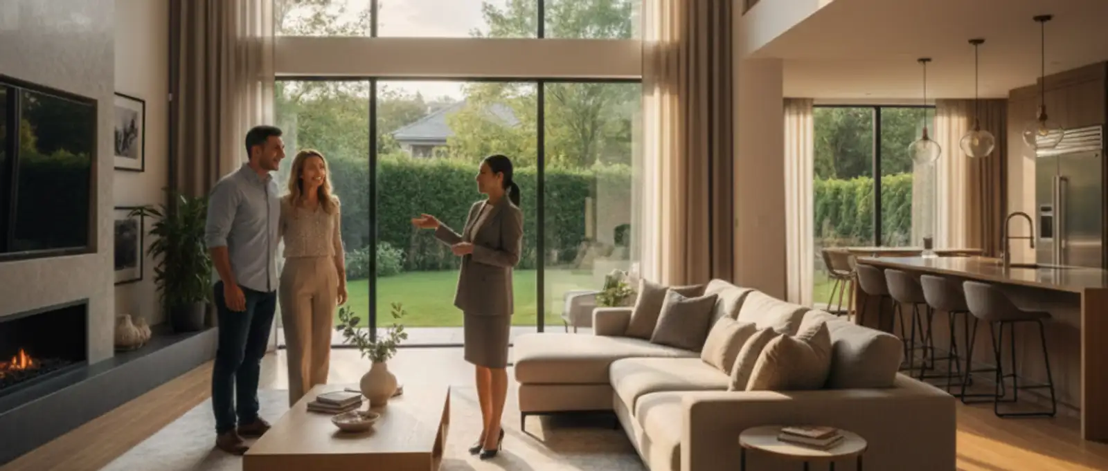 Female real estate agent conducting a property walkthrough in a modern, open-plan luxury living room with a couple.
