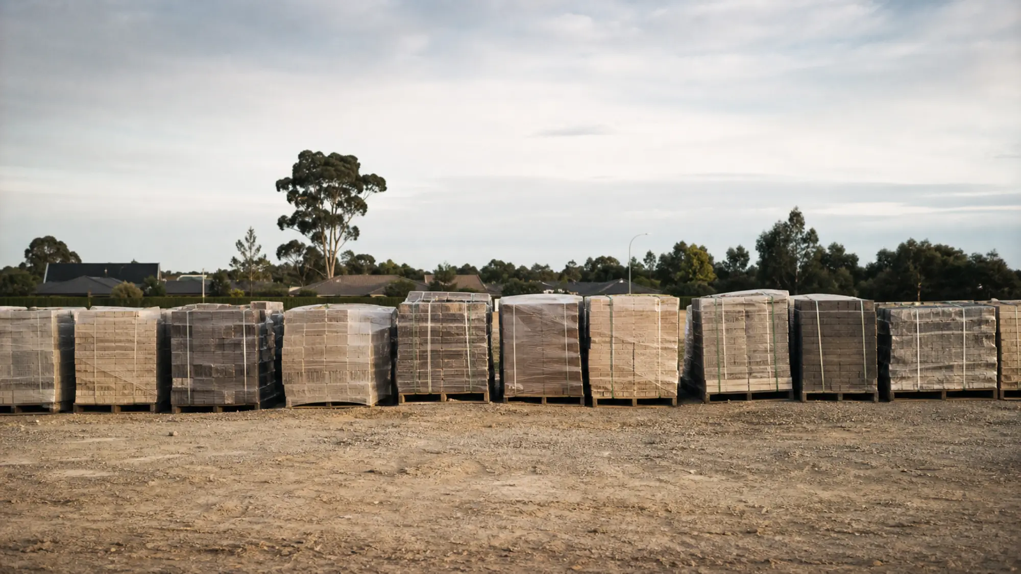Pallets of clay bricks on a home building block - residential contract works insurance