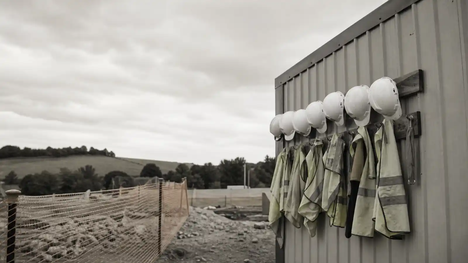 Site barriers and hung PPE on a construction site - safety engineer PI insurance