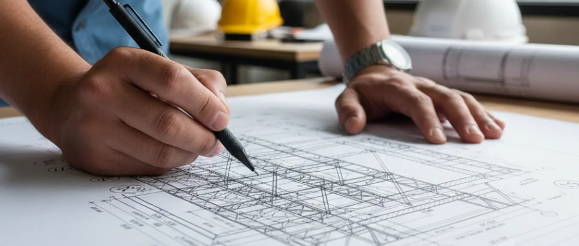 Construction professional reviewing architectural blueprints and scaffolding plans with safety equipment in background