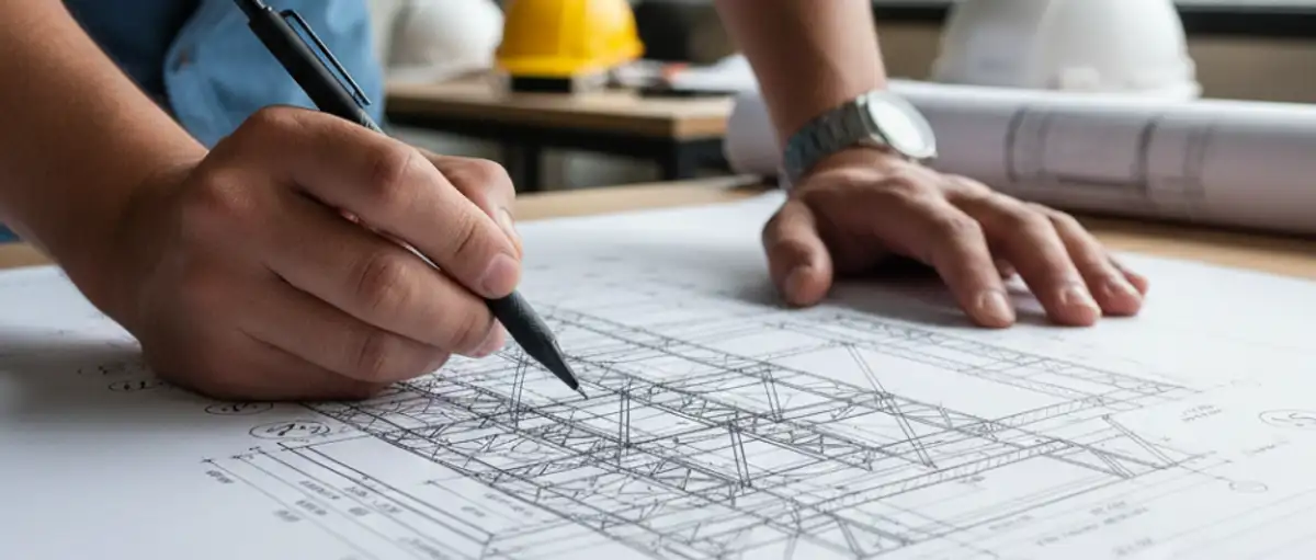 Construction professional reviewing architectural blueprints and scaffolding plans with safety equipment in background