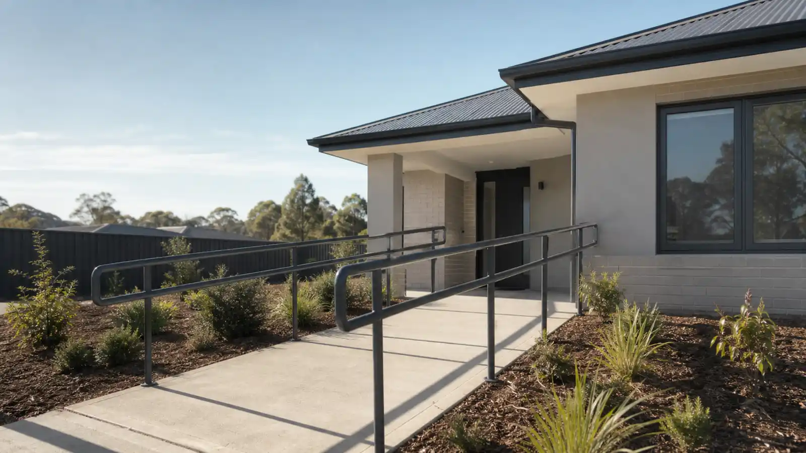 Compliant accessible entry ramp with handrails for SDA landlord obligations