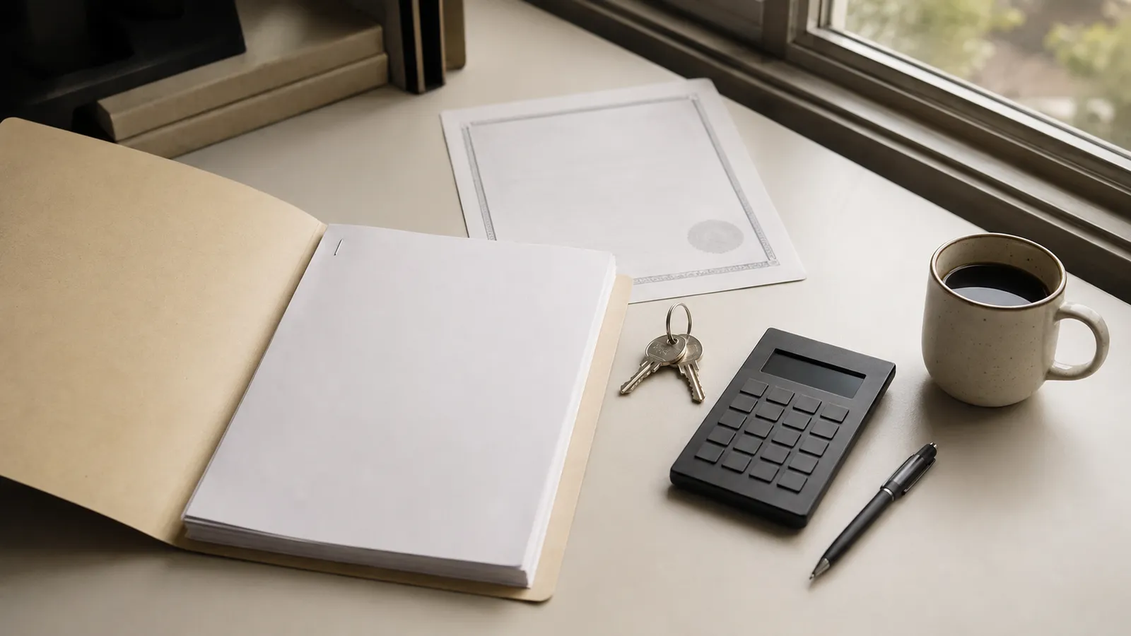 Blank contract papers, certificate, keys, calculator and pen arranged on a conveyancer's desk