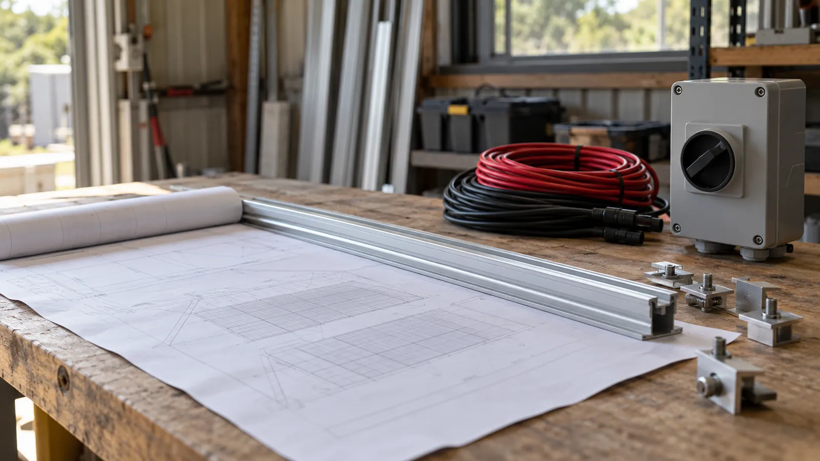 Solar roof layout drawings, mounting rail, panel clamps, DC cable and an isolator on a contractor's workbench