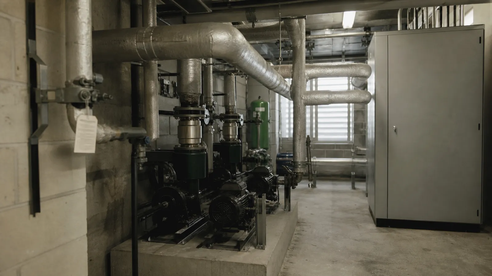 Pumps and switchboard in a strata plant room, building plant insured for machinery breakdown