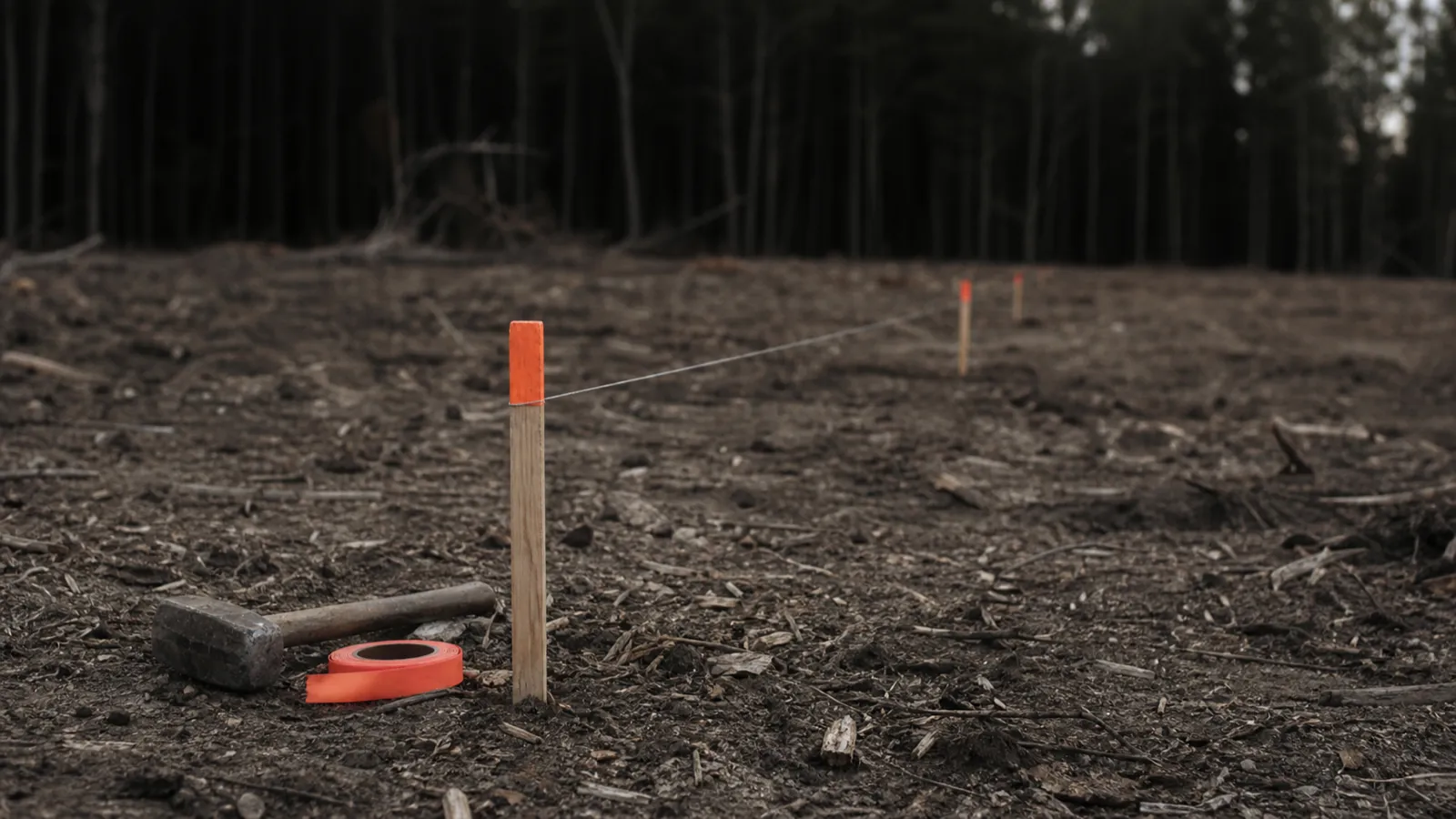 Survey pegs on a string line marking a boundary, where surveyor PI claims begin