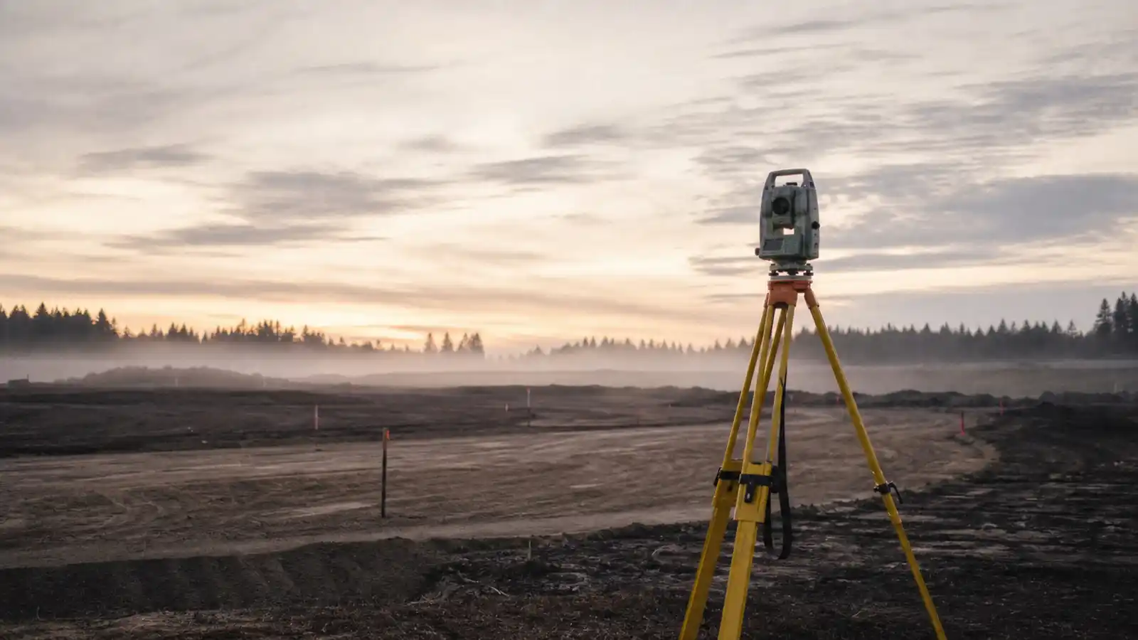 Total station on a subdivision at dawn, boundary work surveyor PI insurance covers