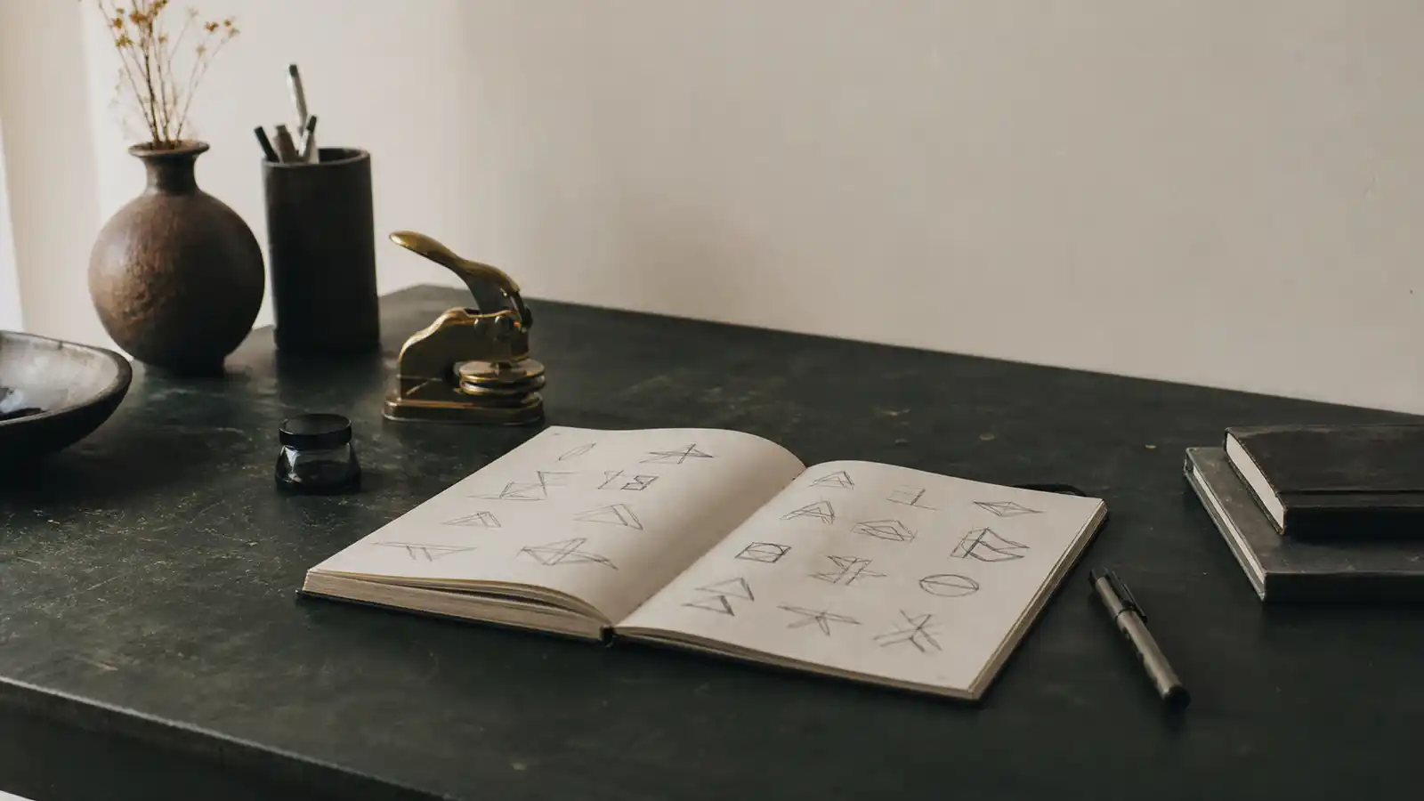 Sketchbook of abstract mark studies on a desk, registration work trademark attorney PI insurance covers