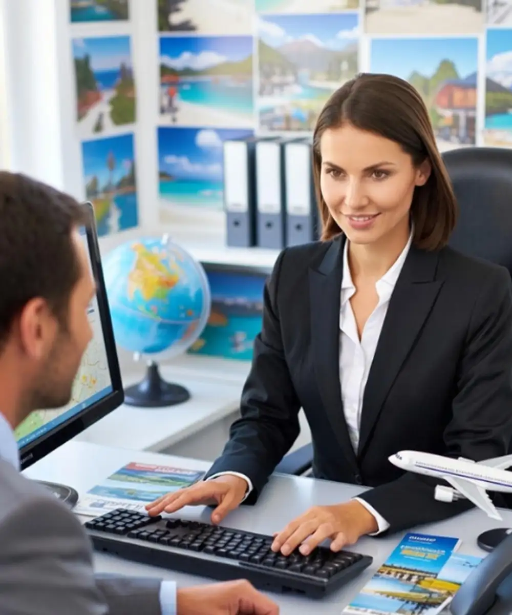 Travel agent presenting holiday brochures to couple during consultation demonstrating professional advice and booking services