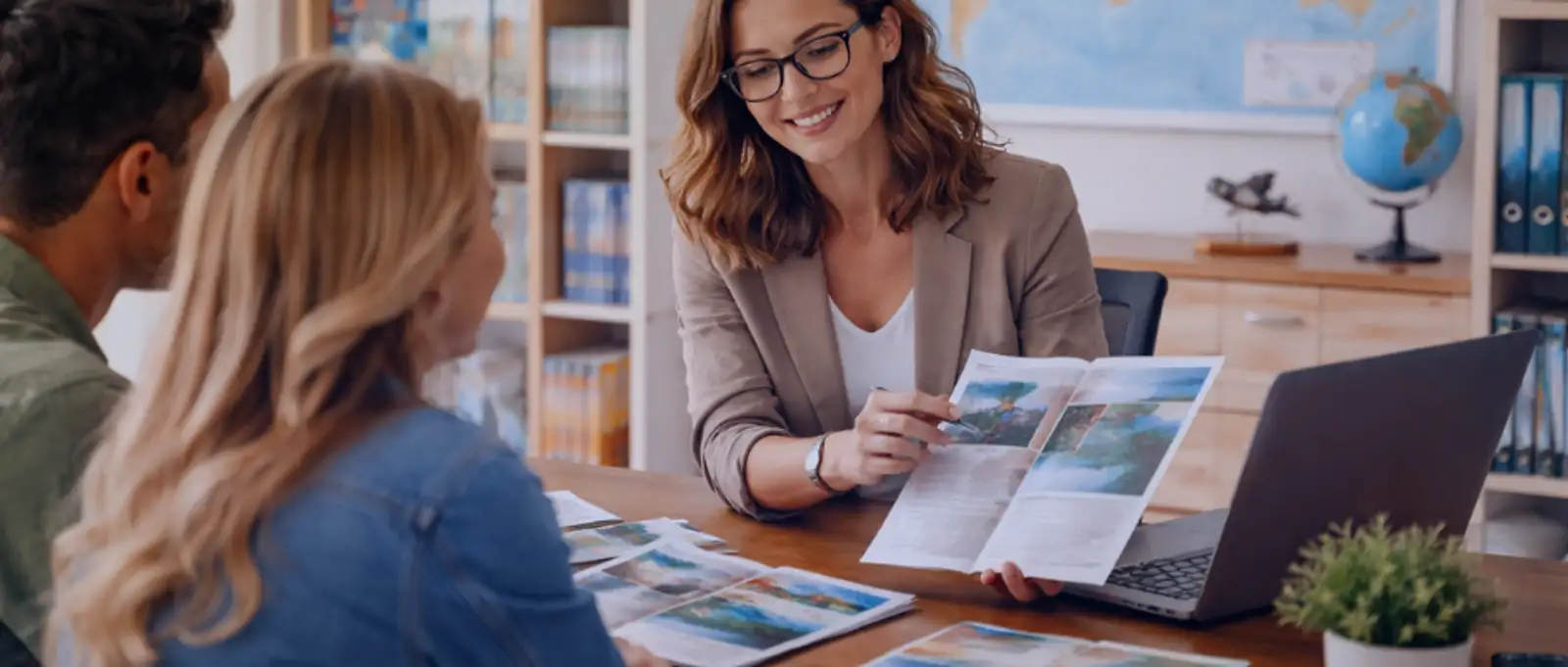 Travel agent consulting client at agency desk with computer globe and destination brochures demonstrating professional indemnity service