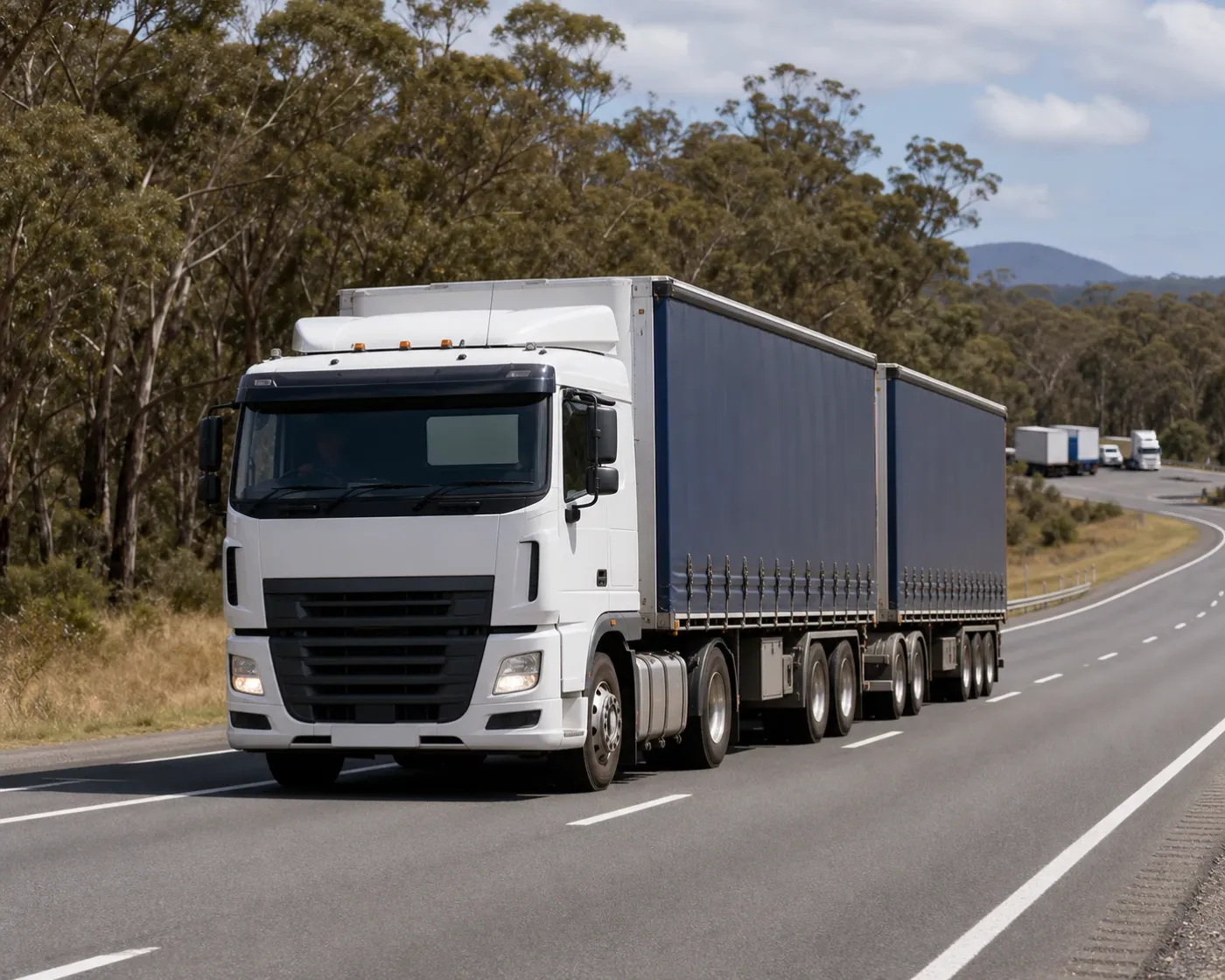 Australian cab-over B-double travelling on the left side of a highway through eucalyptus bushland
