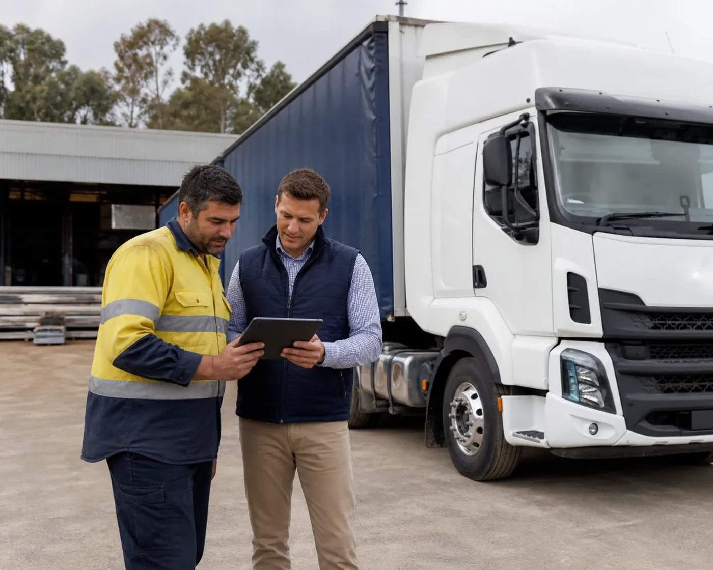 Australian truck owner-driver and insurance broker reviewing cover beside a cab-over prime mover