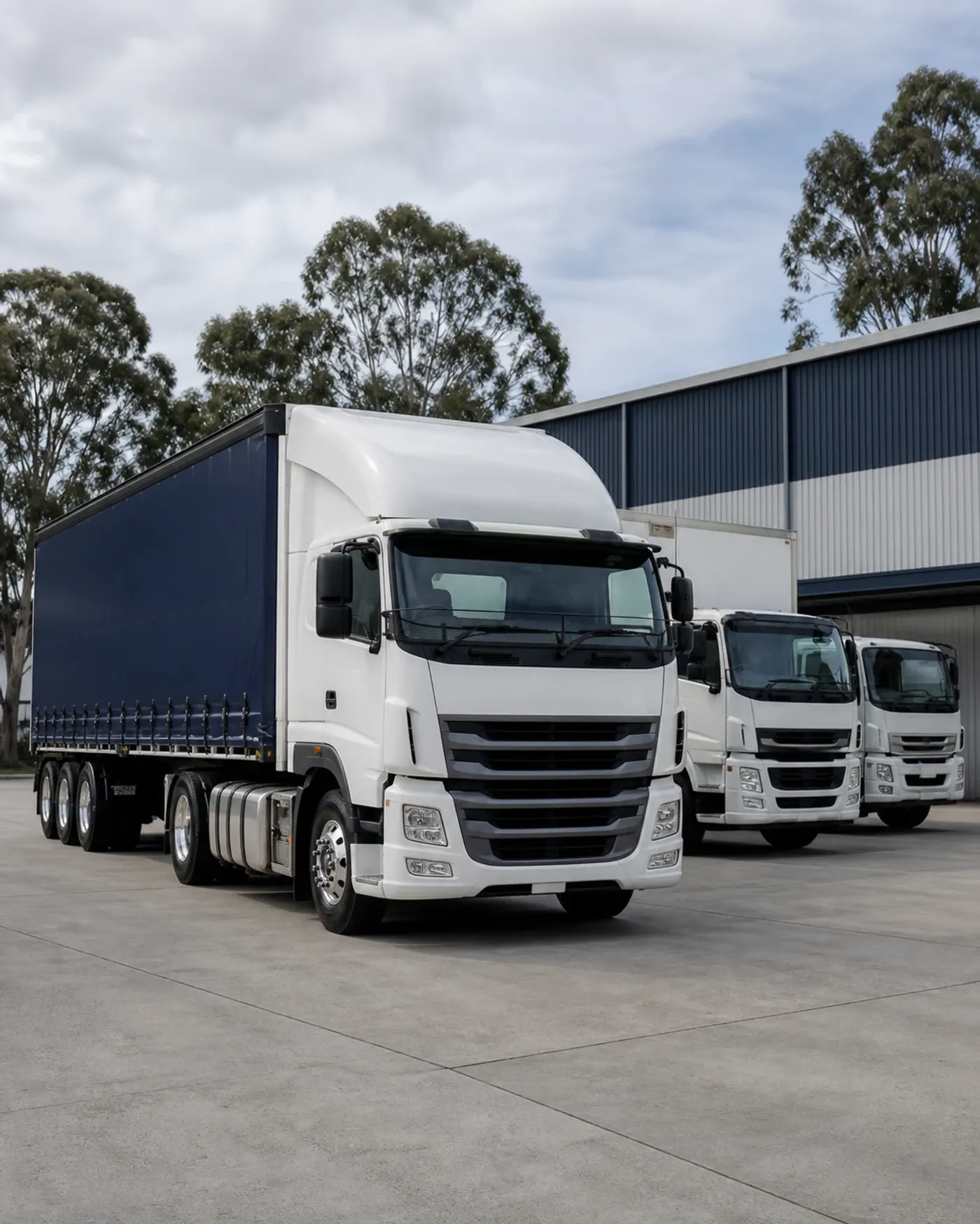 Fleet of Australian cab-over prime movers and rigid trucks parked outside a logistics warehouse