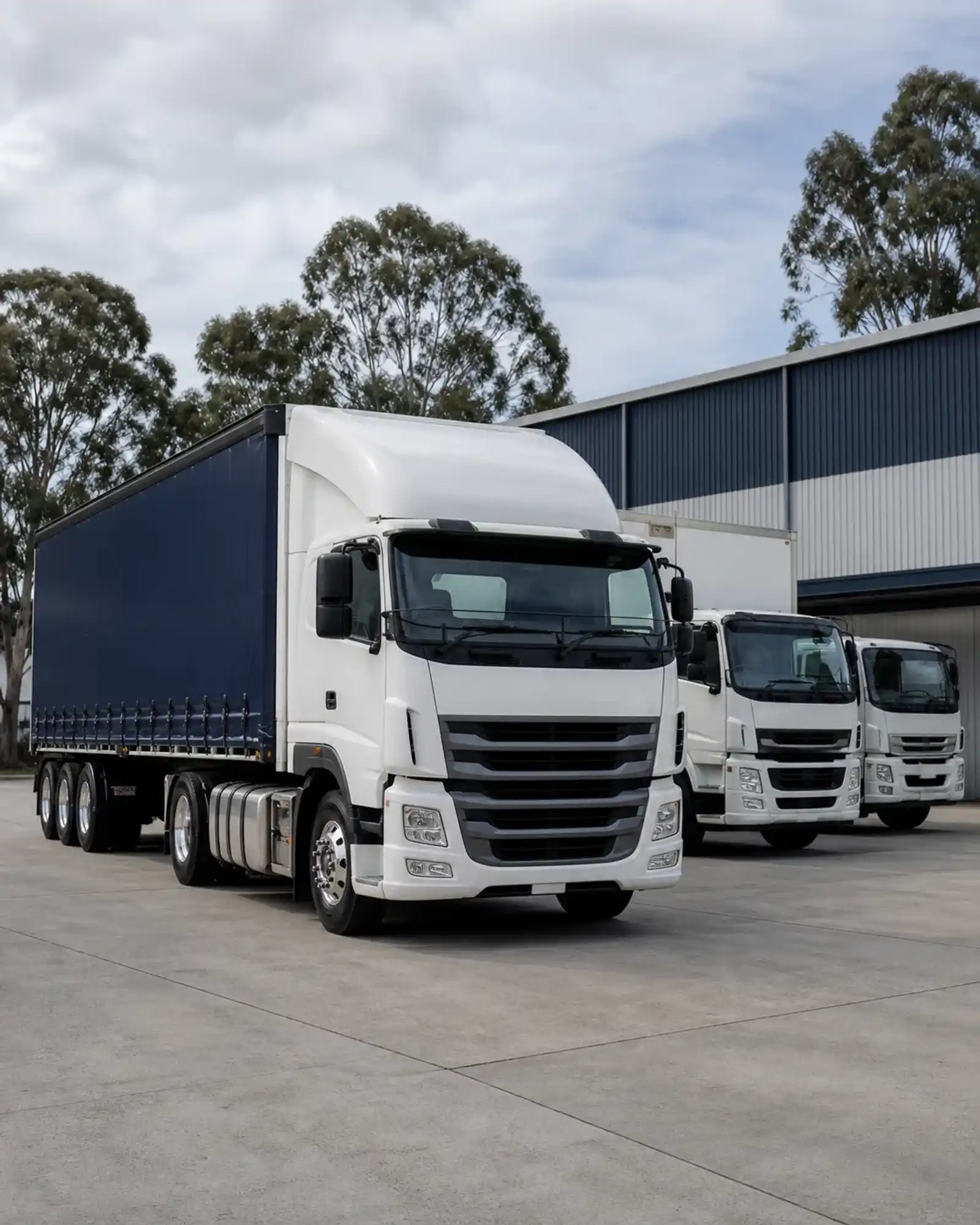 Fleet of Australian trucks parked outside a logistics warehouse
