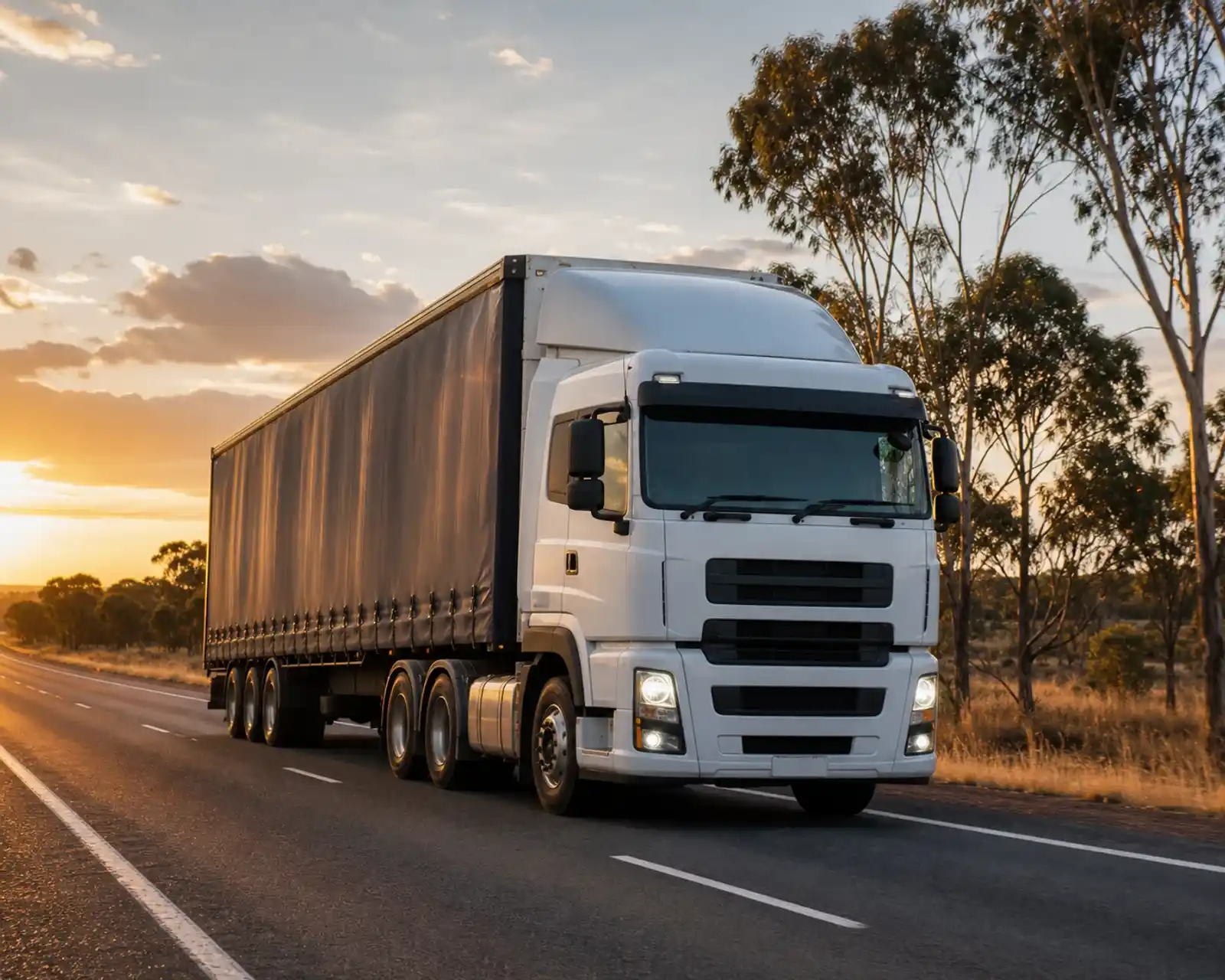 Australian semi-trailer travelling on a highway at sunset