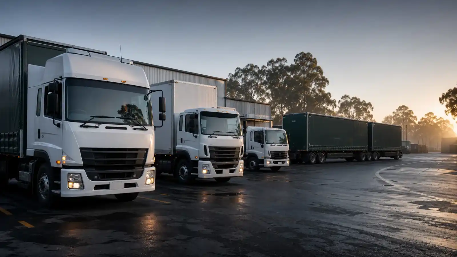 Australian trucks lined up in a transport depot at dawn