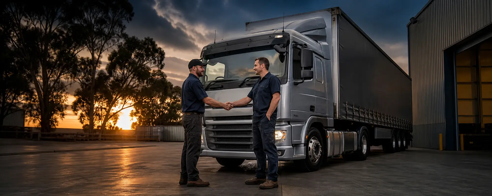 Two Australian transport operators shaking hands beside a truck in a freight depot