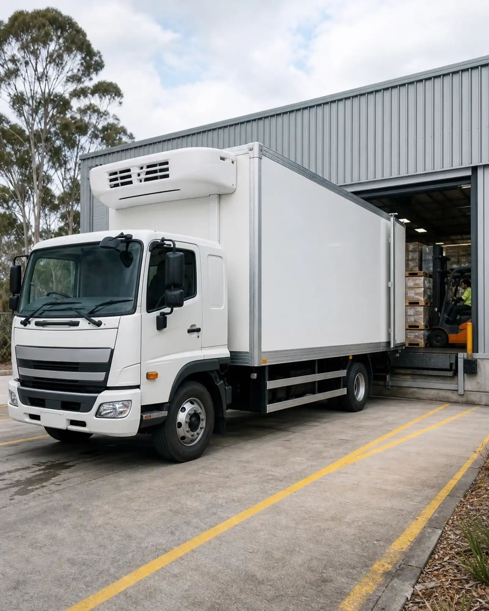 Australian refrigerated truck and forklift operating at a warehouse loading dock