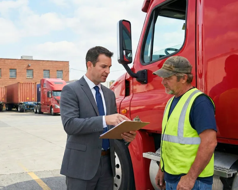 Professional insurance broker reviewing a policy checklist with a truck driver next to a red commercial vehicle, representing personalized truck insurance advice.