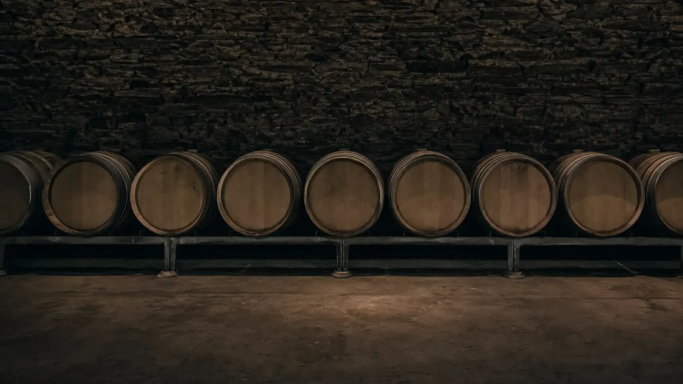 Wine barrels stored in a cellar row for winery stock insurance