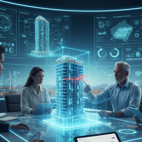 Engineer using AI and BIM software for building design